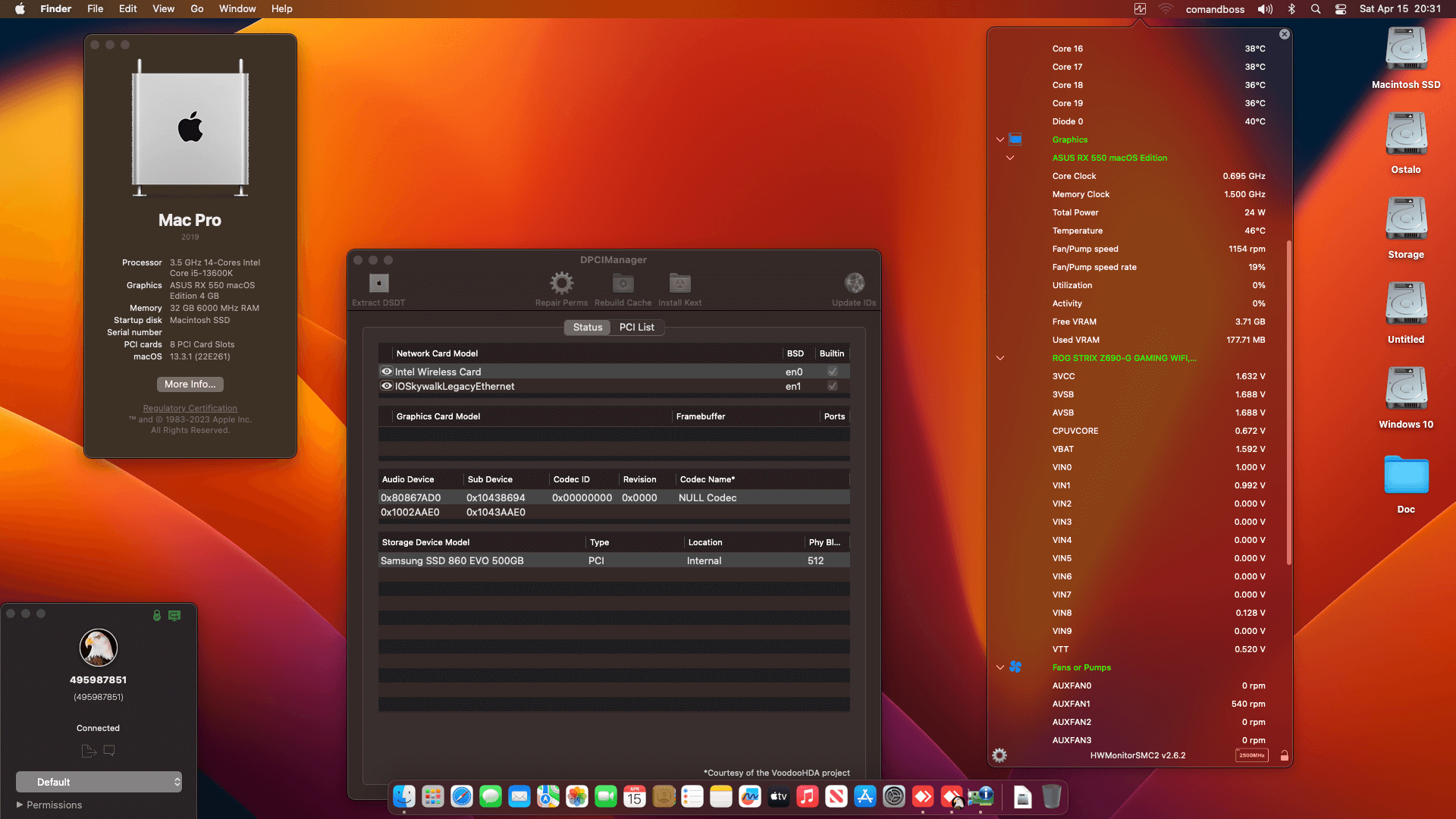 Success Hackintosh macOS Ventura 13.3.1 Build 22E261 in Asus ROG Strix Z690-G Gaming Wifi + Intel Core i5 13600K + Asus RX 550 + RTX 3060 Ti